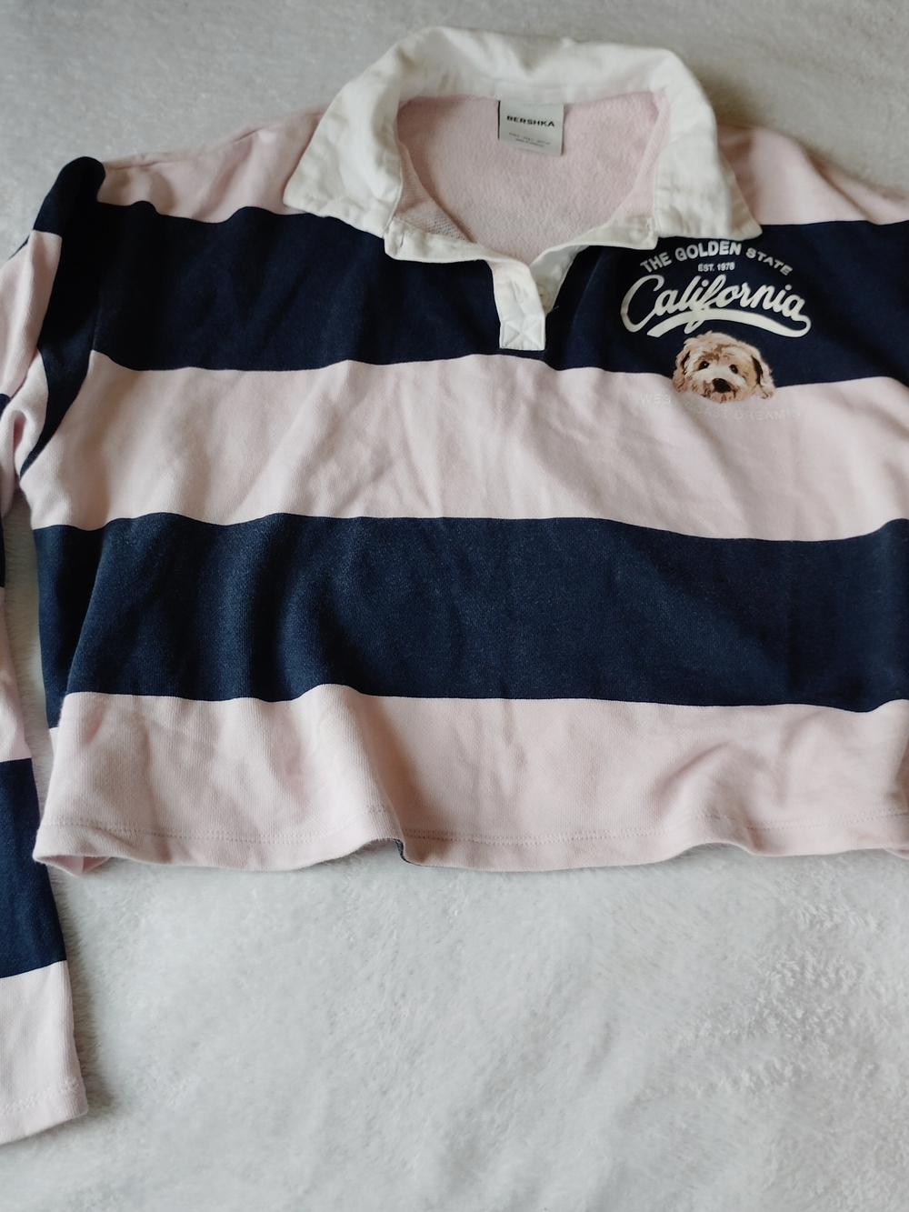 Bershka Striped Cropped Rugby Sweater Pink Blue California Dog Graphic